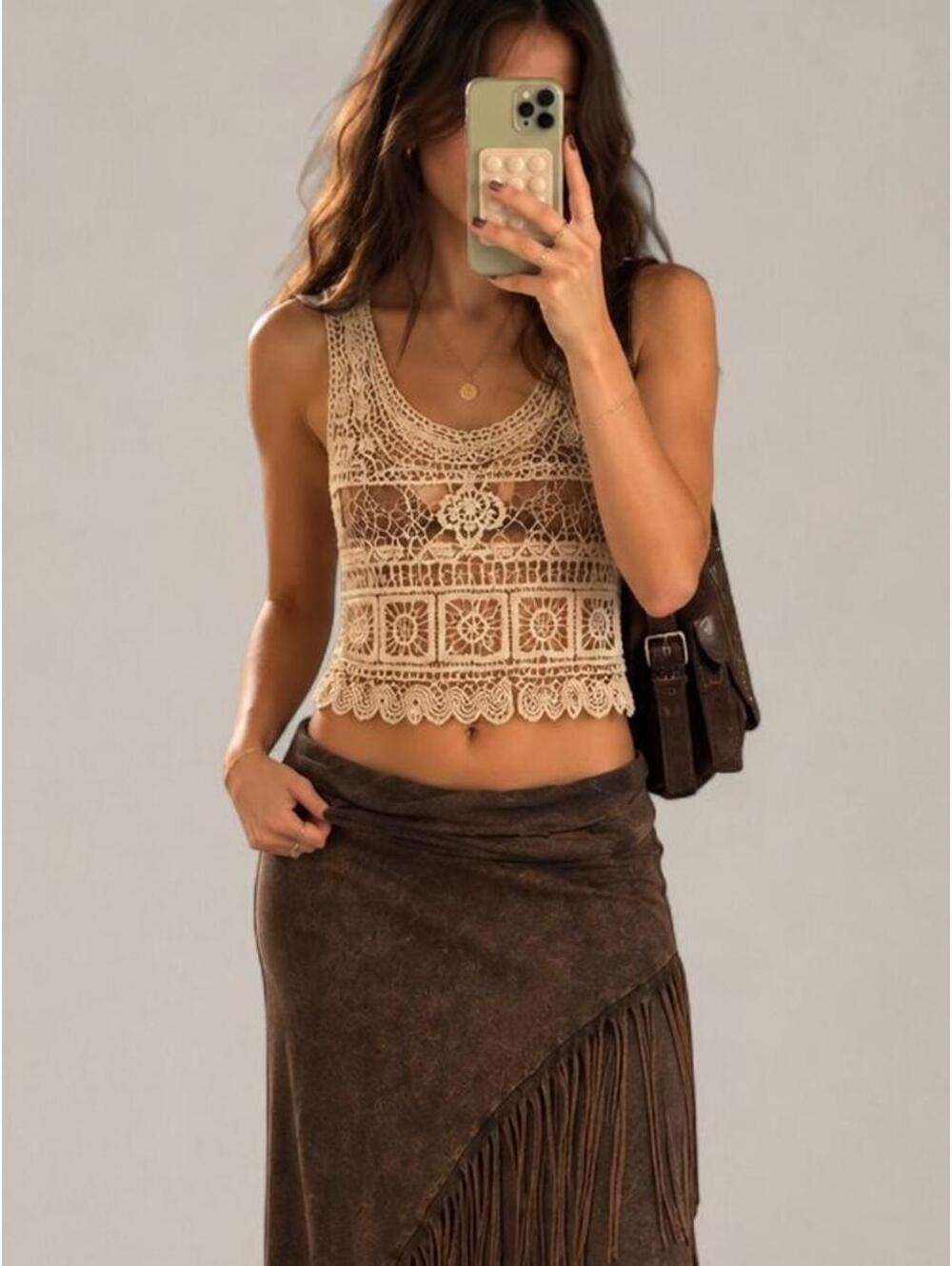 Loveli Cream Crochet Lace Crop Top M